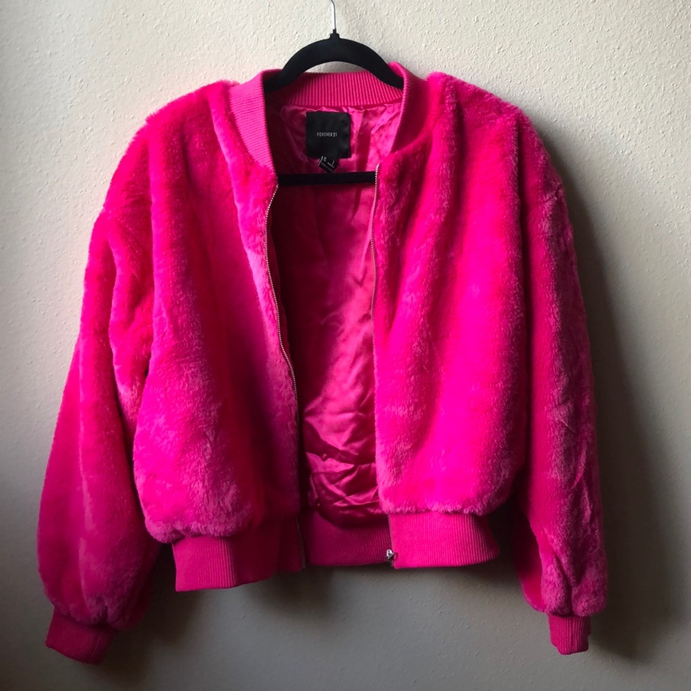 Super Soft Hot Pink Bomber Jacket Like New, Forever 21, Small